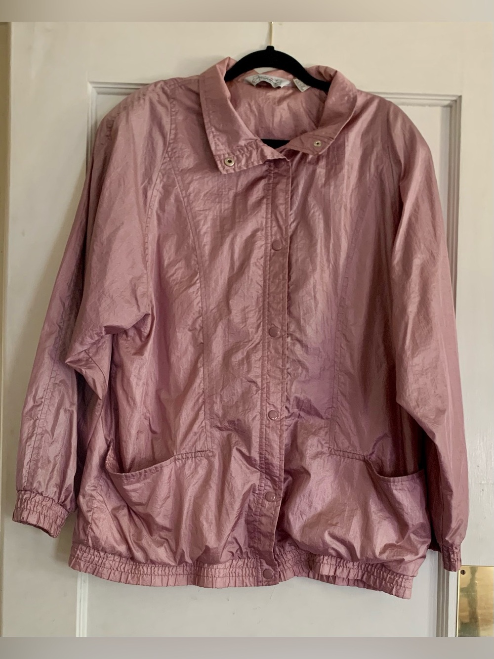 VTG Haband 80s Pink Snap Crinkle Windbreaker L Nylon Y2K Metallic*